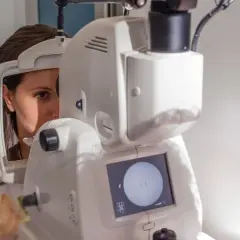 Kobieta bada oko na specjalistycznym sprzęcie. Dowiaduje się o fotokoagulacja siatkówki cena.