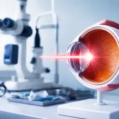 Model oka z laserem, okulary ochronne i sprzęt okulistyczny. Rozważając kapsulotomię, skutki uboczne są ważne.