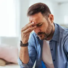 Mężczyzna z dłonią na czole, cierpiący na ból głowy z przodu czoła i oczu.