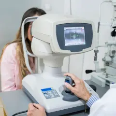 Okulista wykonuje badania okulistyczne rodzaje na pacjentce przy użyciu nowoczesnego sprzętu.
