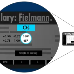 Fragment recepty na okulary z danymi: Oś 140° i 45°, soczewki D +0.50 -0.75 i D +0.75 -1.00.