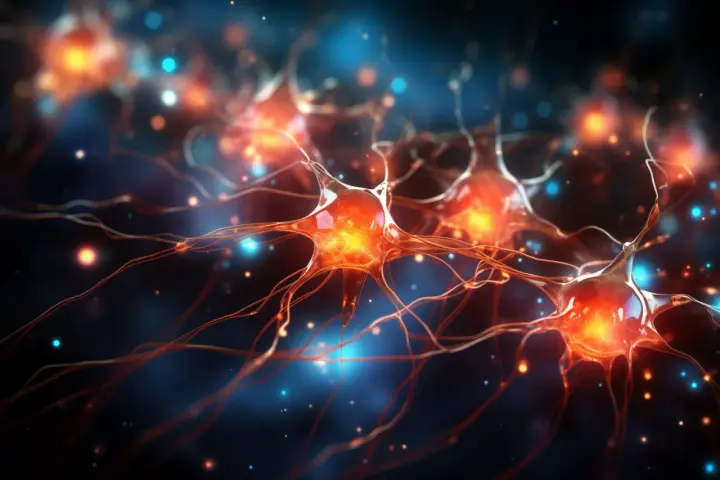 Ilustracja neuronów, sugerująca zmiany w mózgu związane z migreną oczną.