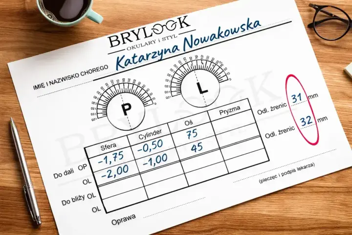 Recepta na okulary Katarzyny Nowakowskiej. Jak czytać receptę na okulary? Warto zwrócić uwagę na wartości sfery, cylindra i osi.