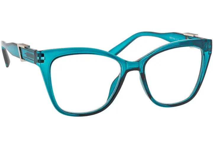 Eleganckie, turkusowe okulary do czytania w kształcie kocich oczu z metalowymi detalami.