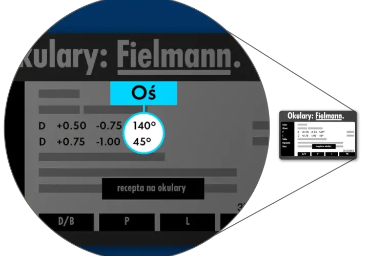 Fragment recepty na okulary z danymi: Oś 140° i 45°, soczewki D +0.50 -0.75 i D +0.75 -1.00.
