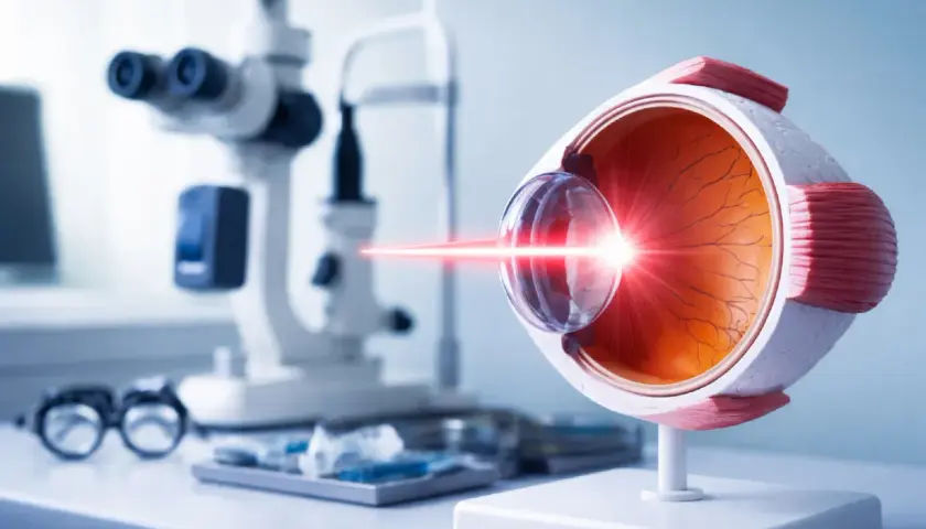 Model oka z laserem, okulary ochronne i sprzęt okulistyczny. Rozważając kapsulotomię, skutki uboczne są ważne.