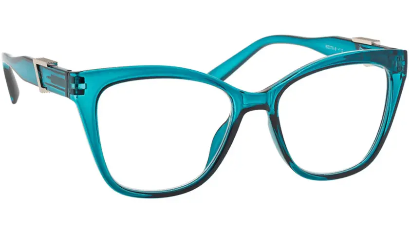 Eleganckie, turkusowe okulary do czytania w kształcie kocich oczu z metalowymi detalami.