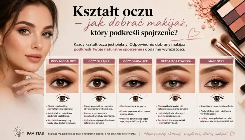 Poradnik makijażu dla różnych typów oczu: migdałowych, okrągłych, opadających i małych. Dobierz makijaż, by podkreślić swoje spojrzenie.