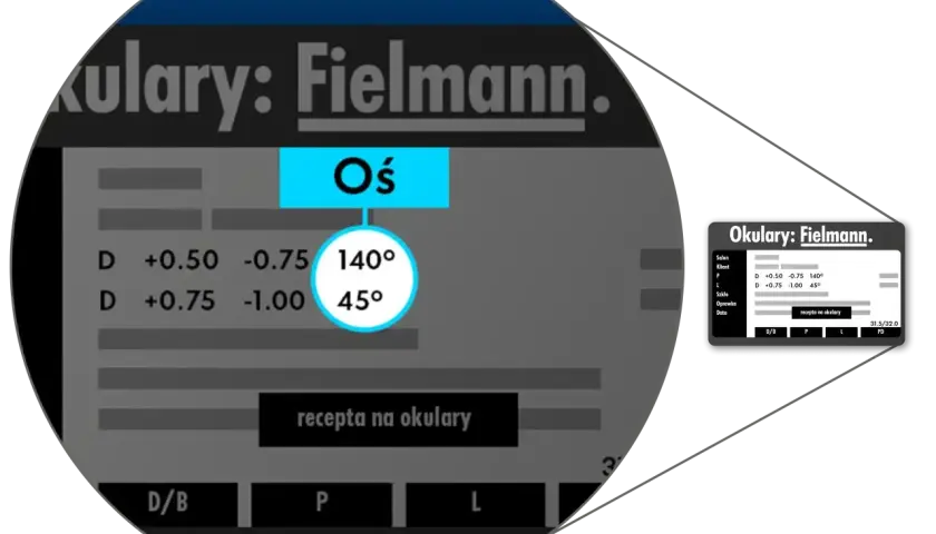 Fragment recepty na okulary z danymi: Oś 140° i 45°, soczewki D +0.50 -0.75 i D +0.75 -1.00.