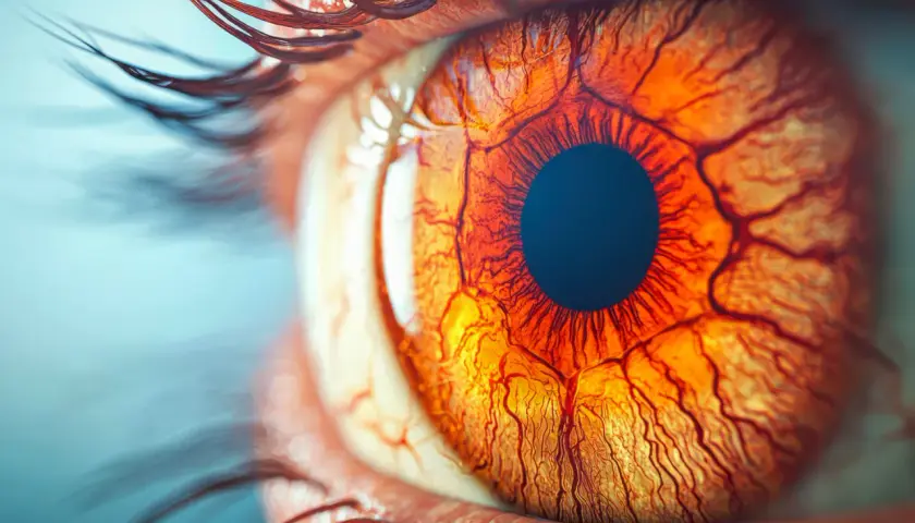 Makro zbliżenie oka z widocznymi naczynkami, sugerujące retinopatię nadciśnieniową.