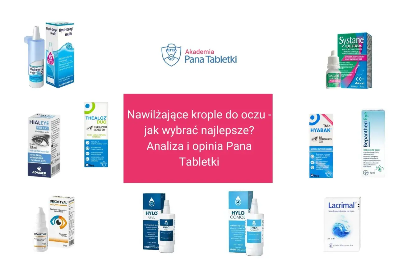 Krople na pieczenie oczu: Hialeye, Thealoz Duo, Systane, Hyabak, Bepanthen Eye, Dexoftal, Hylo Gel, Hylo Comod, Lacrimal.