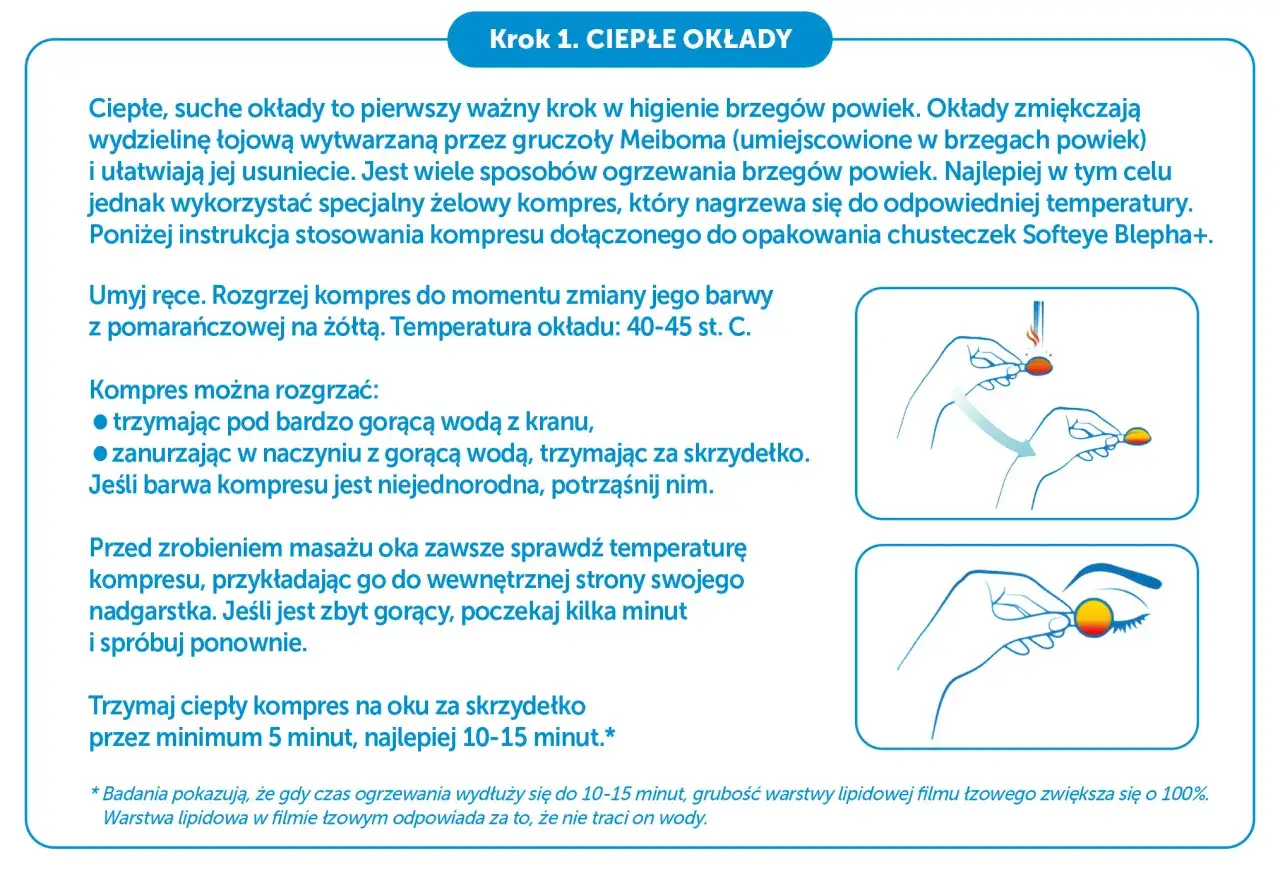 Instrukcja stosowania ciepłych okładów na oczy. Rozgrzej kompres, sprawdź temperaturę na nadgarstku. To pierwszy krok w leczeniu suchego oka.