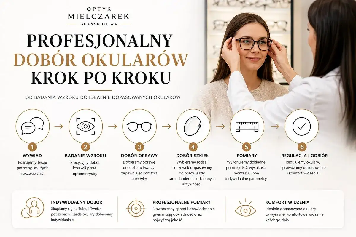 Optyk pomaga dobrać okulary, nawet bez recepty, krok po kroku: wywiad, badanie wzroku, dobór oprawy i szkieł, pomiary, regulacja.